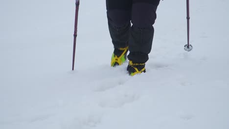 close up view of boots with crampons and poles as person walks through deep snow