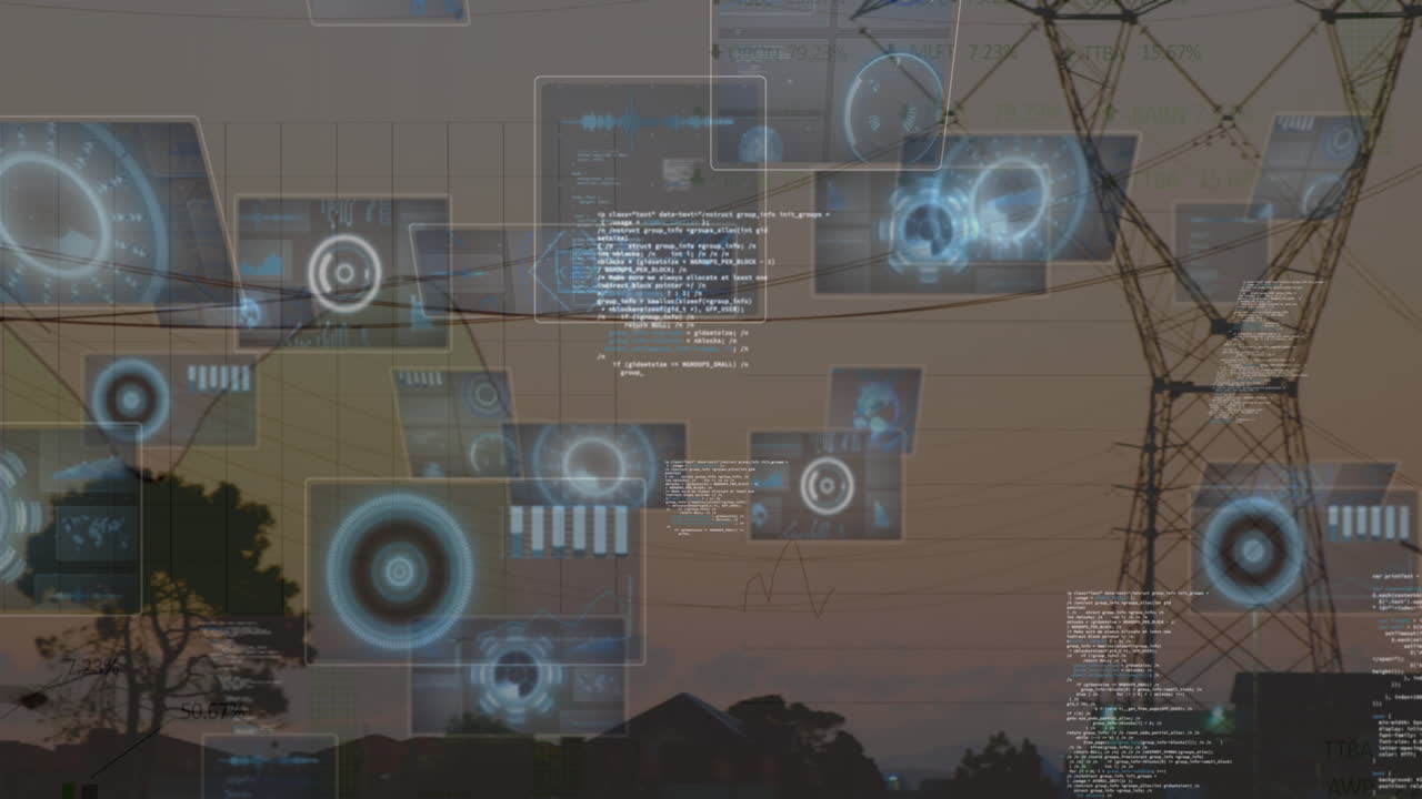 둥근 스캐너의 애니메이션과 해가 지는 하늘에 대한 네트워크 타워를 통해 데이터 처리