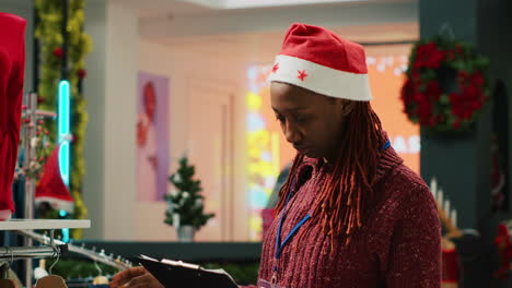 Clothing-store-manager-wearing-festive-Santa-hat-holding-clipboard-in-mall-shop-inspecting-rack-of-clothes-and-greeting-customers.-Supervisor-working-in-xmas-adorn-fashion-boutique