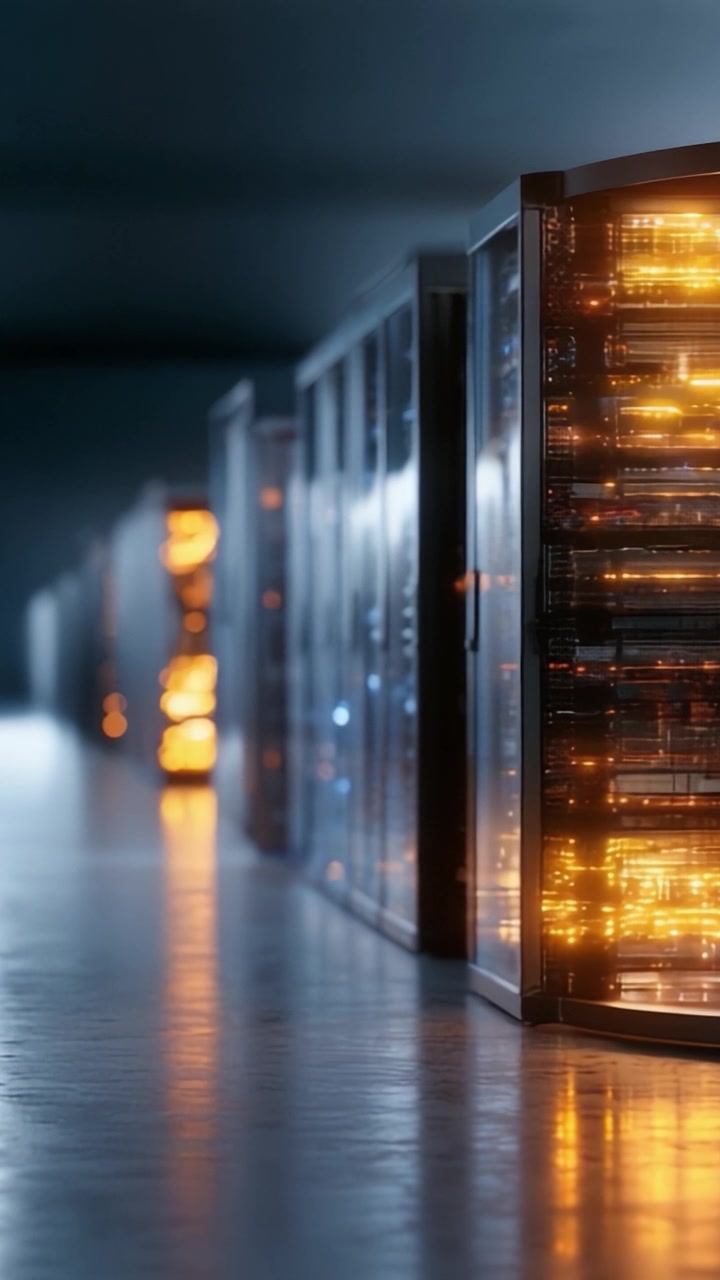 Et Indblik i Teknologiens Fremtid: Oplyste Datacentre med Banebrydende Serverracks i et Aerodynamisk, Elegant Miljø