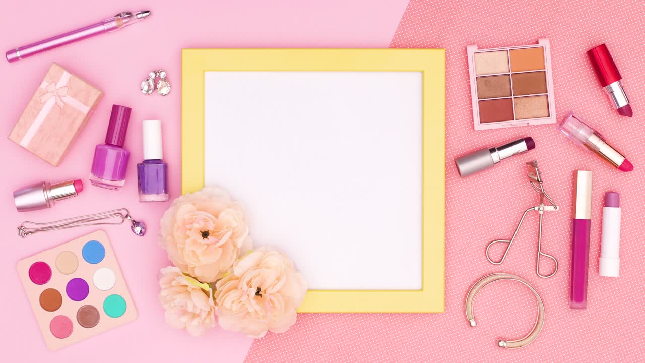 Make up products appear around yellow frame for text on pink theme. Stop motion