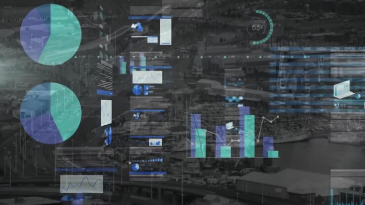Animation of financial data processing over cityscape