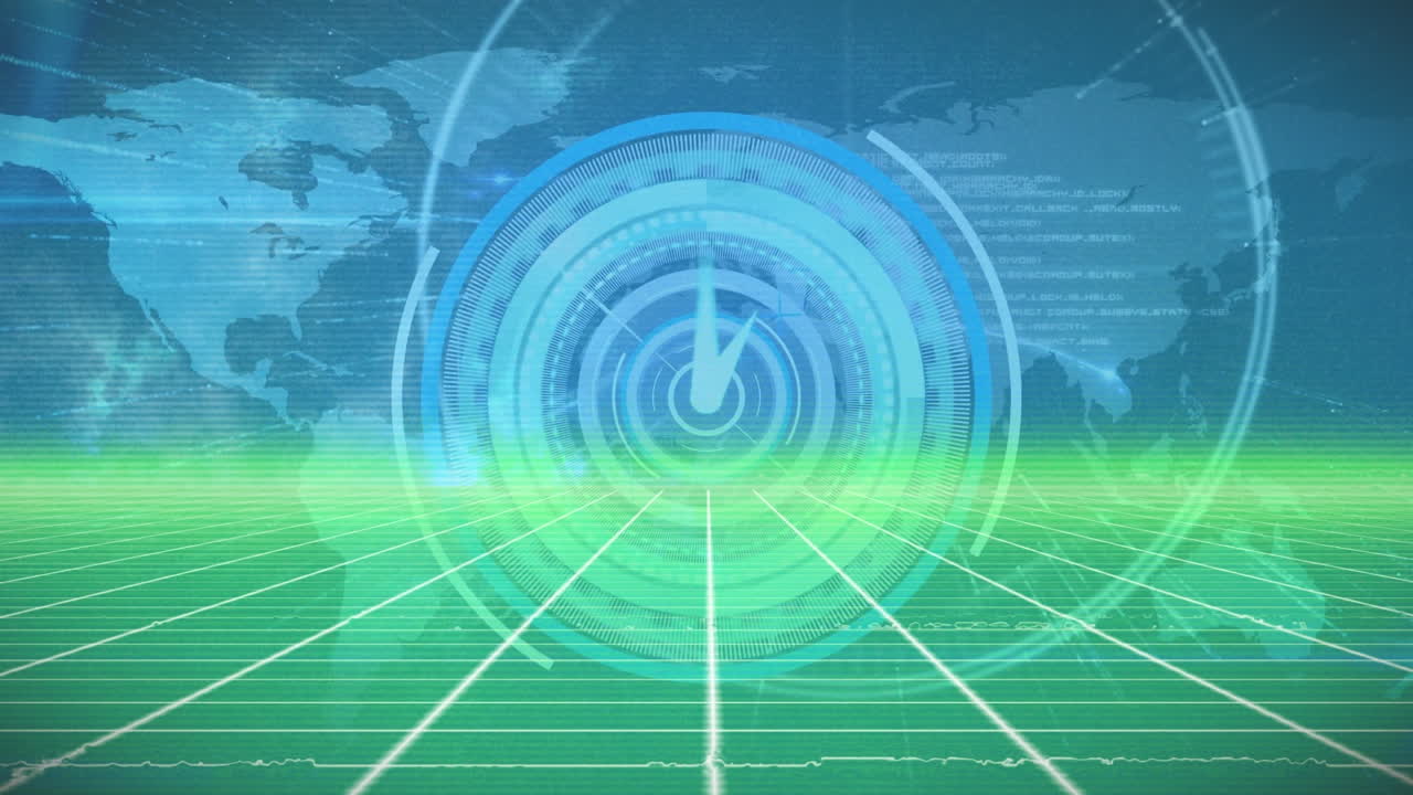 animación de escaneo de alcance gráfico con temporizador moviéndose en bucle sobre el patrón de cuadrícula y el mapa del mundo