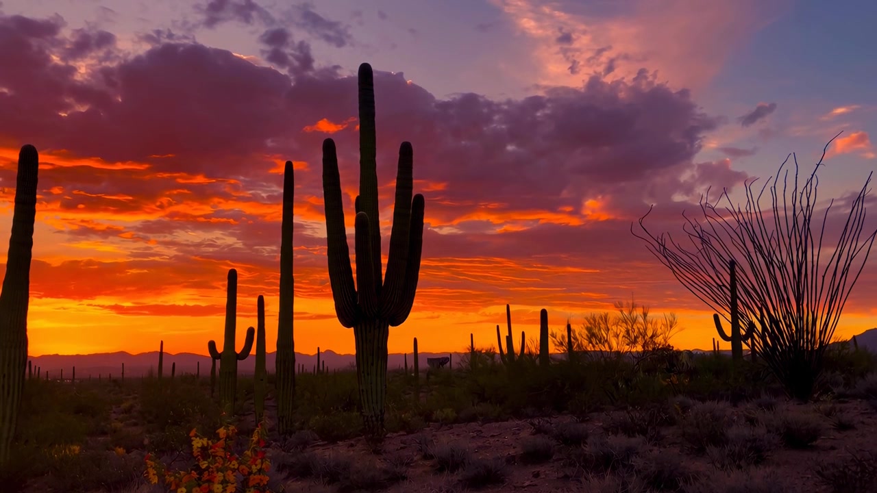 Živý západ slunce nad Sonorskou pouští se saguarovými kaktusy