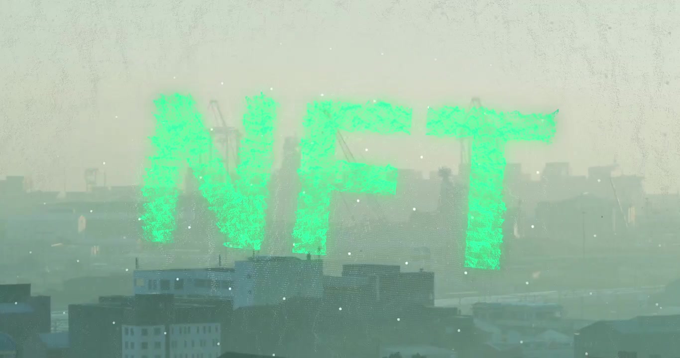 Animation af NFT tekstbanner mod luftfoto af bybillede.
