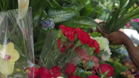 close-up of vibrant flower bouquets at a market