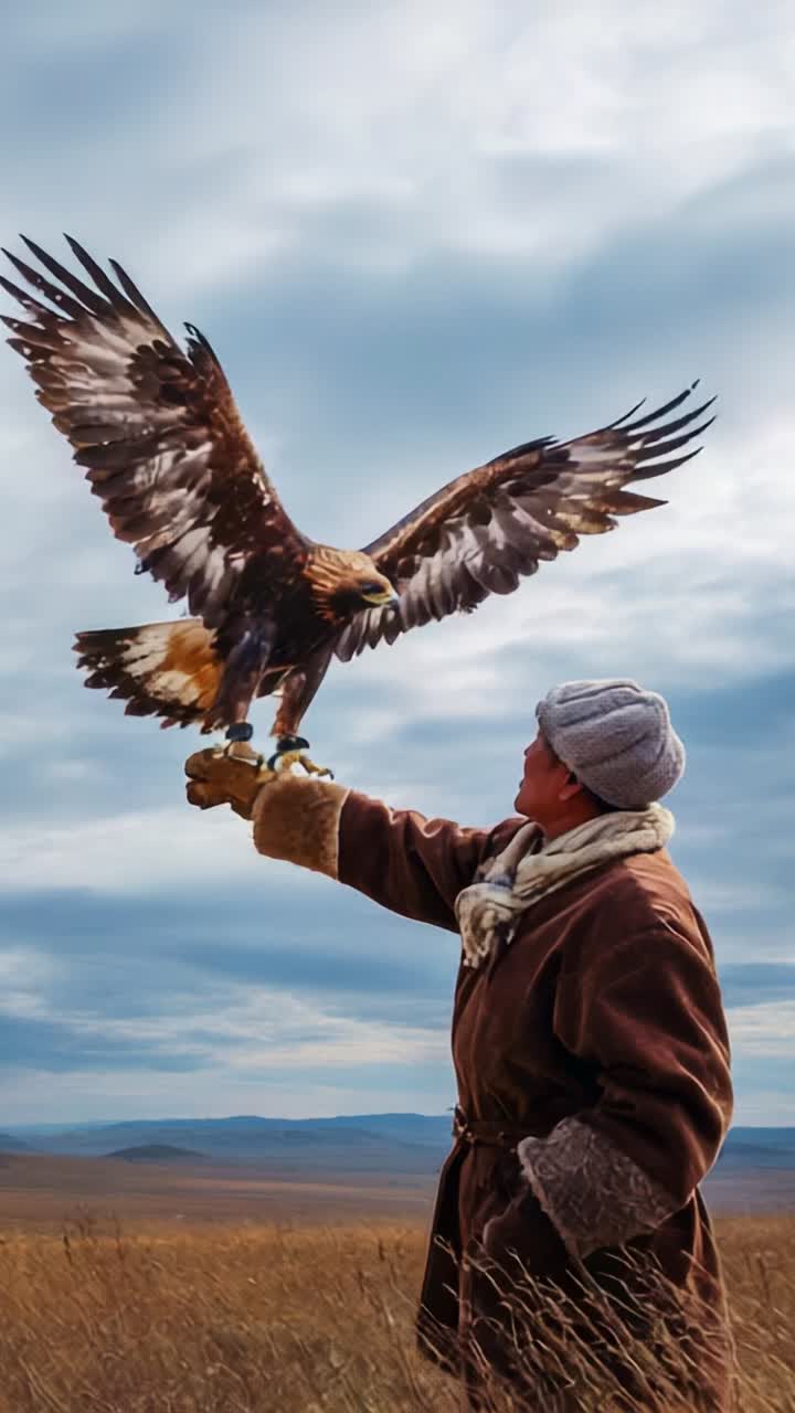 A majestic moment captured with a falconer and a golden eagle in vast open fields, showcasing the bond between human and bird in a serene, natural setting