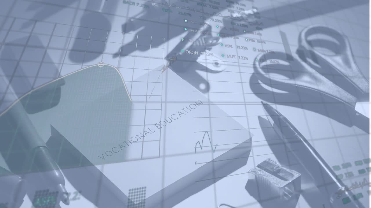 책상 위의 사무실 항목에 대한 금융 데이터 처리의 애니메이션