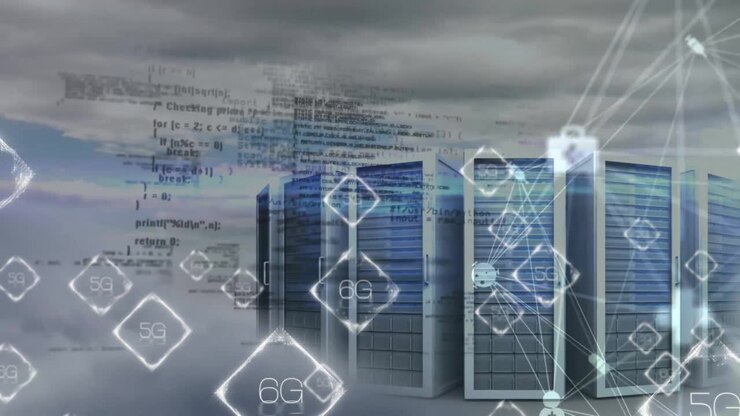 Animation of 6g text, data processing over computer servers