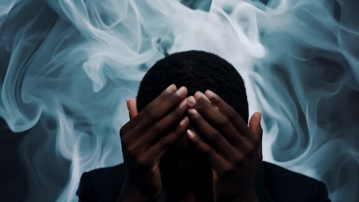Uomo con mal di testa, circondato dal fumo
