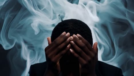 man suffering from a headache, surrounded by smoke