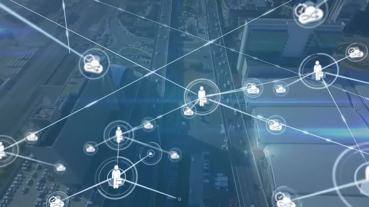 Animation of network of connections over cityscape