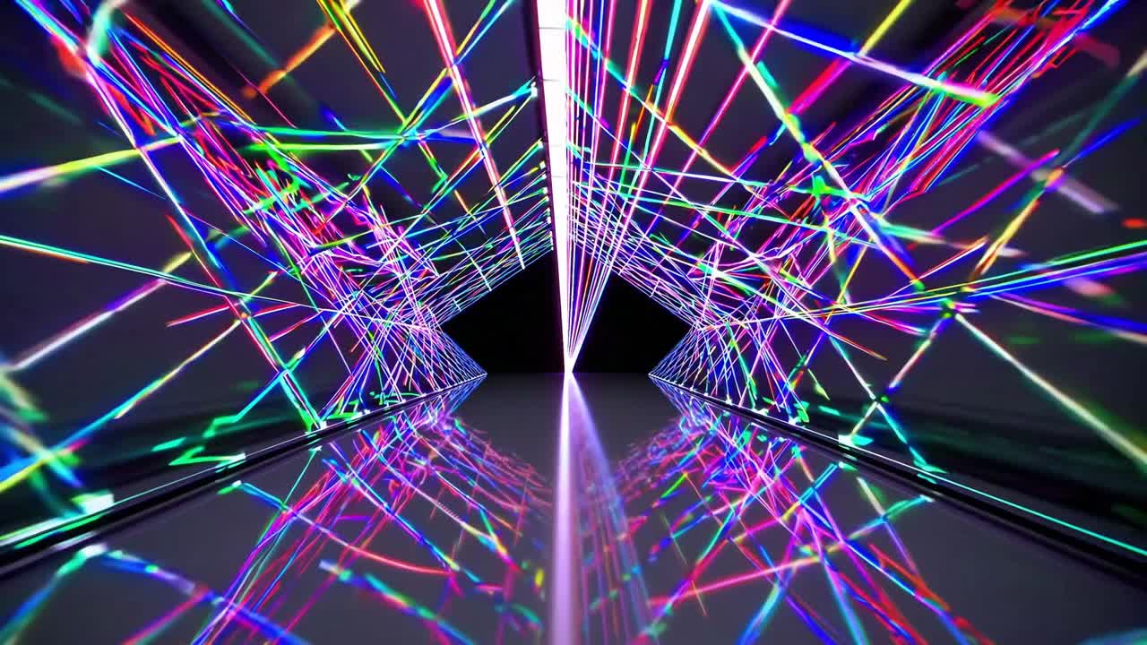 Vibrant light beams and colorful reflections create a dynamic visual experience in a futuristic corridor, showcasing the mesmerizing flow of light and color in motion