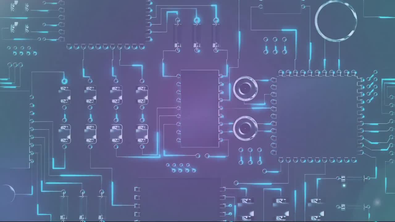 빛나는 컴퓨터 회로판에 데이터 처리의 애니메이션