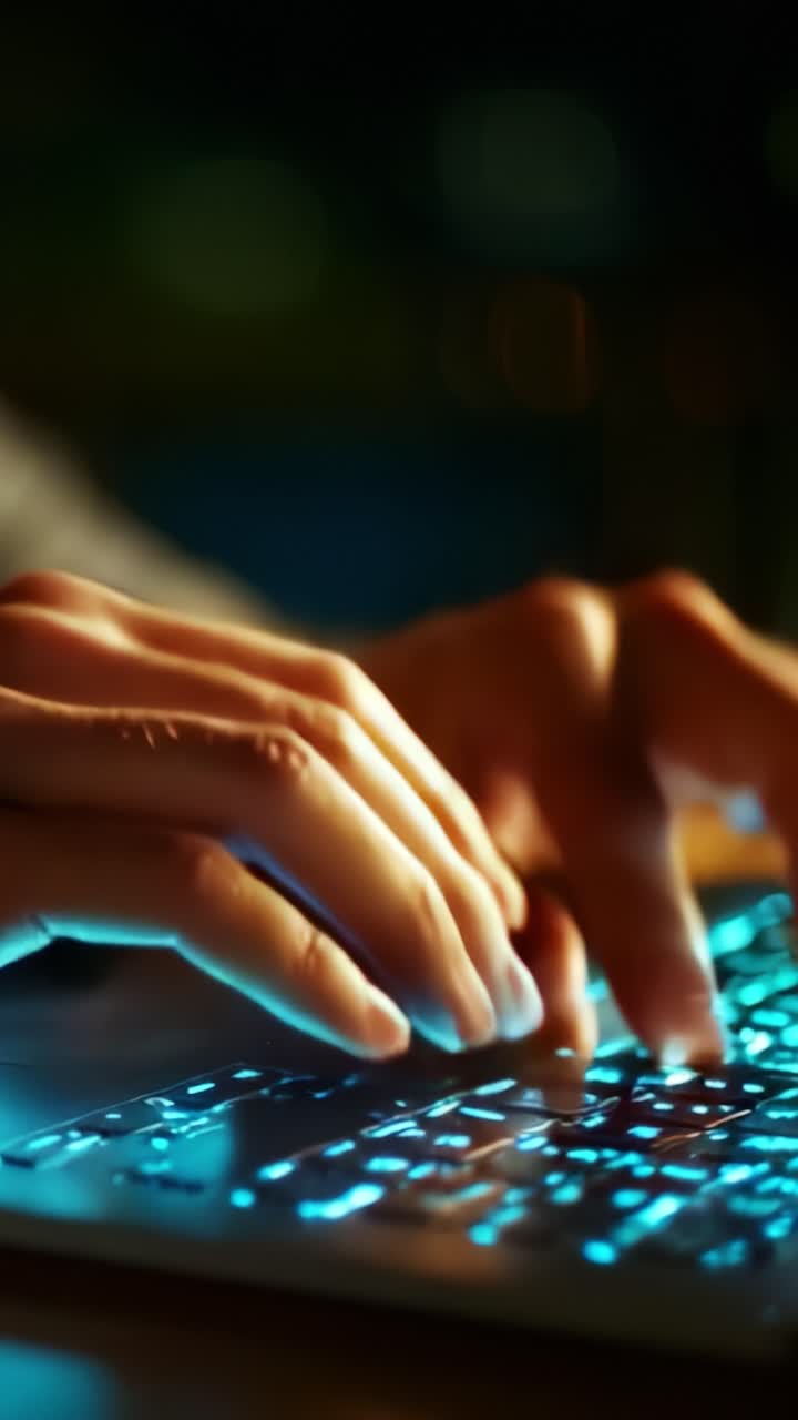 Close-Up of Hands Typing on a Laptop Keyboard with Backlit Keys in a Dimly Lit Environment, Emphasizing the Elegant Motion of Fingers in Action
