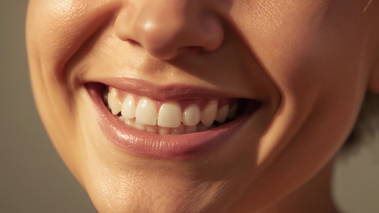 Smiling woman revealing upper teeth and dimples after camera starts recording, posing for headshot