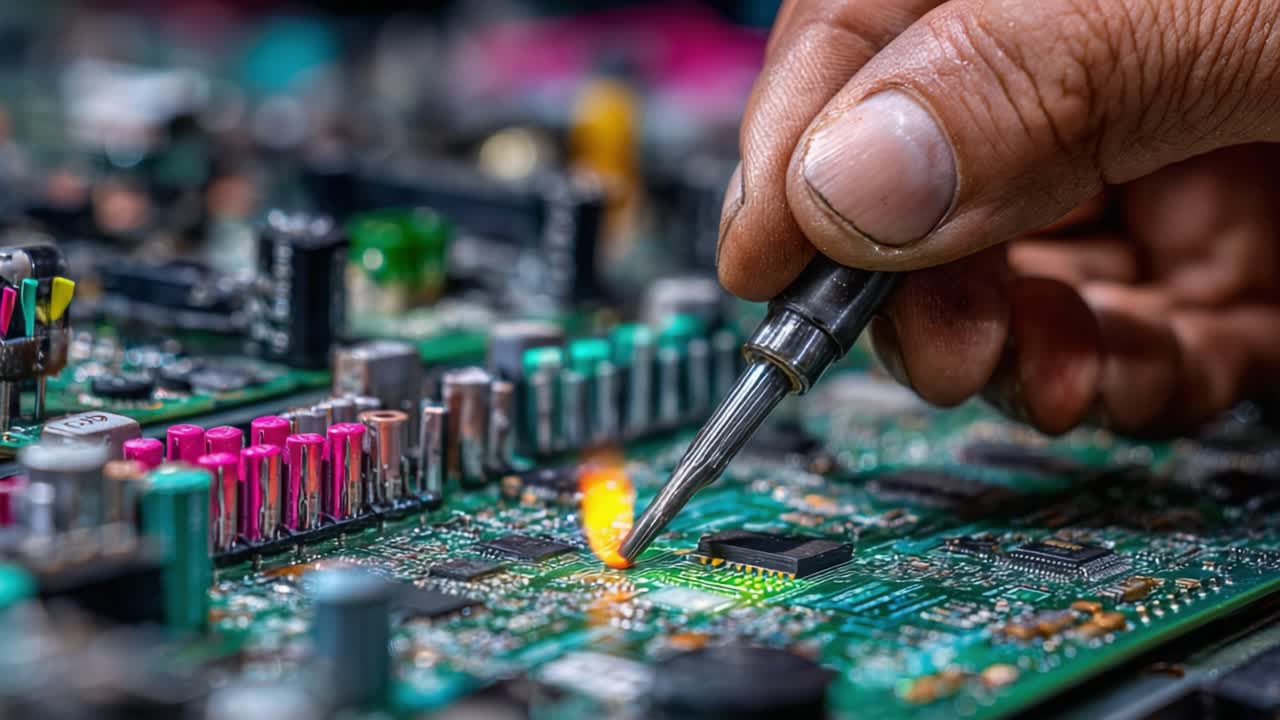 An Expert Technician Carefully Soldering Components on a Circuit Board, Demonstrating Precision and Skill in Electronics Repair Work