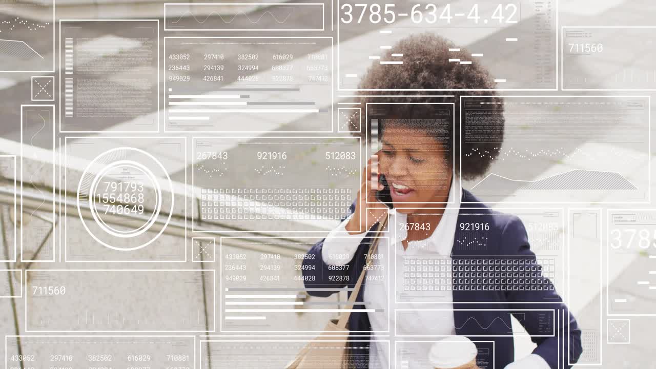 Businesswoman sipping coffee while climbing steps and taking smartphone call then reacting to news