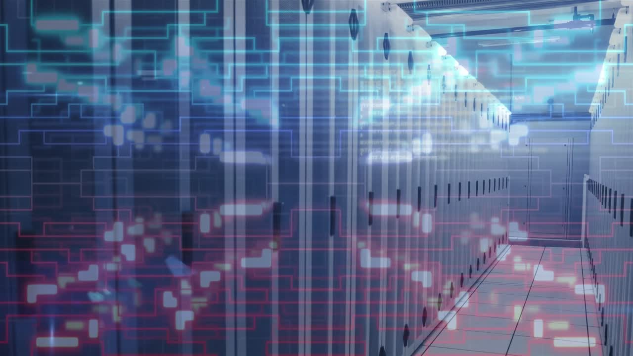 animación de servidores, conexiones y procesamiento de datos a través de placas de circuitos