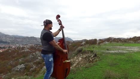 hombre tocando el contrabajo en un paisaje montañoso