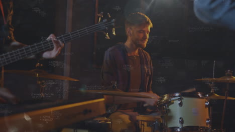 music drummer jamming in studio with drum kit and bass guitar fingering, overlaying math equations