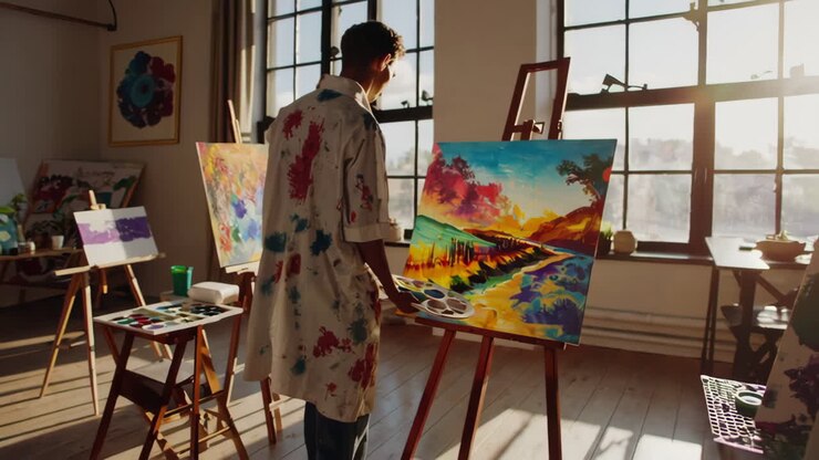 Un artiste peint dans un studio lumineux