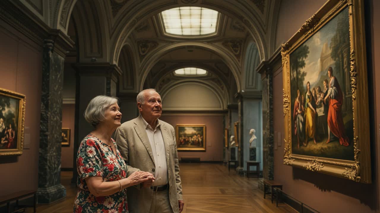 A Joyful Visit to an Art Gallery: An Older Couple Appreciating Masterpieces in a Beautifully Designed Museum Space
