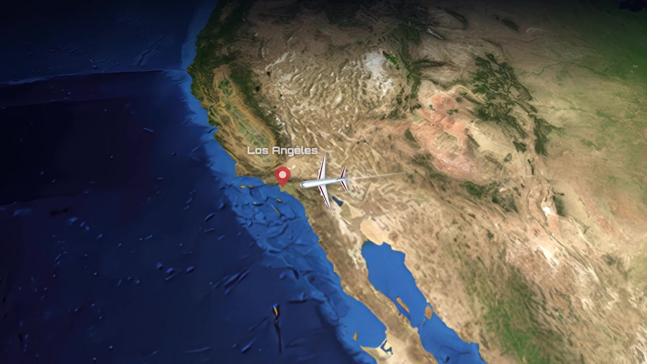Satellite map animation tracking a commercial airplane flying from Atlanta to Los Angeles.