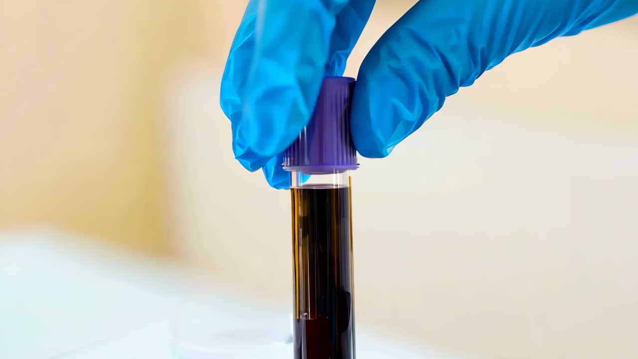A person is holding a blood sample in a blue glove
