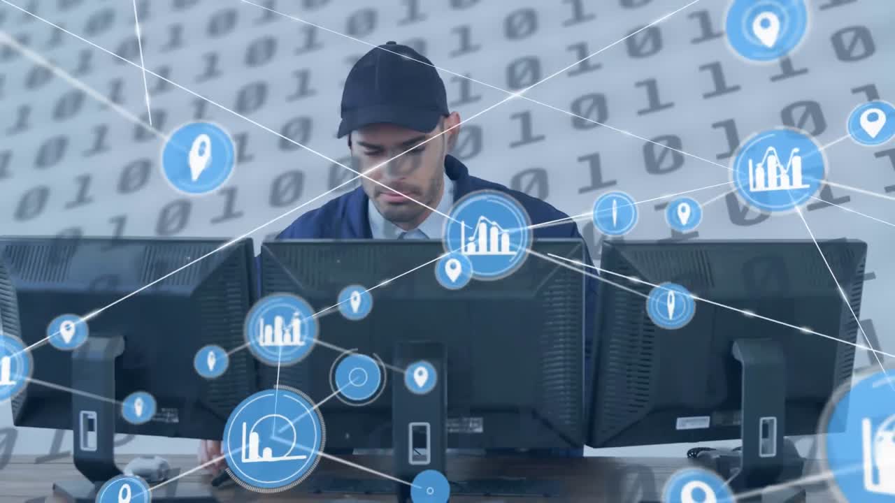 animación de la red de conexiones con iconos sobre ella técnico y codificación binaria