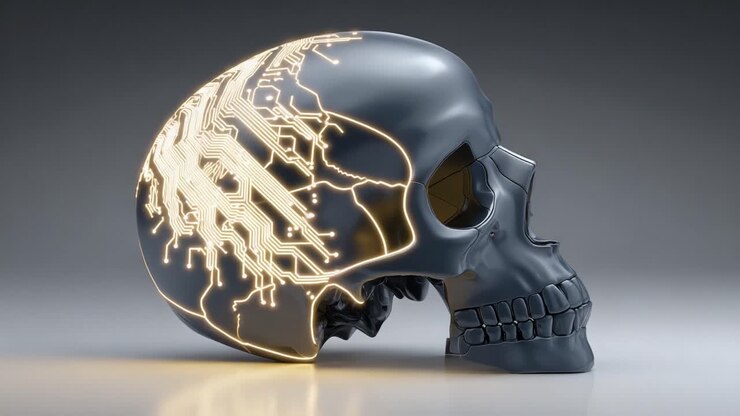 Una rappresentazione futuristica di un cranio che fonde anatomia umana con circuiti intricati, mostrando l'intersezione tra biologia e tecnologia nell'era moderna