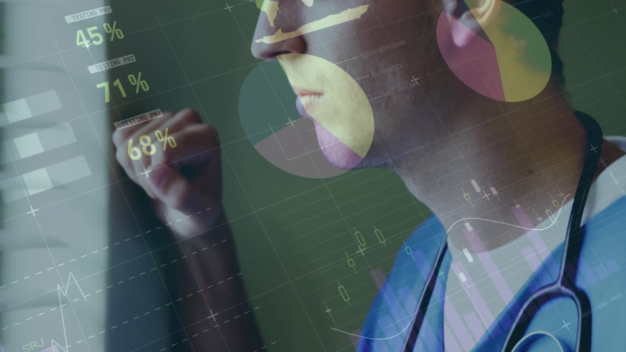 animación del procesamiento de datos financieros sobre un médico caucásico