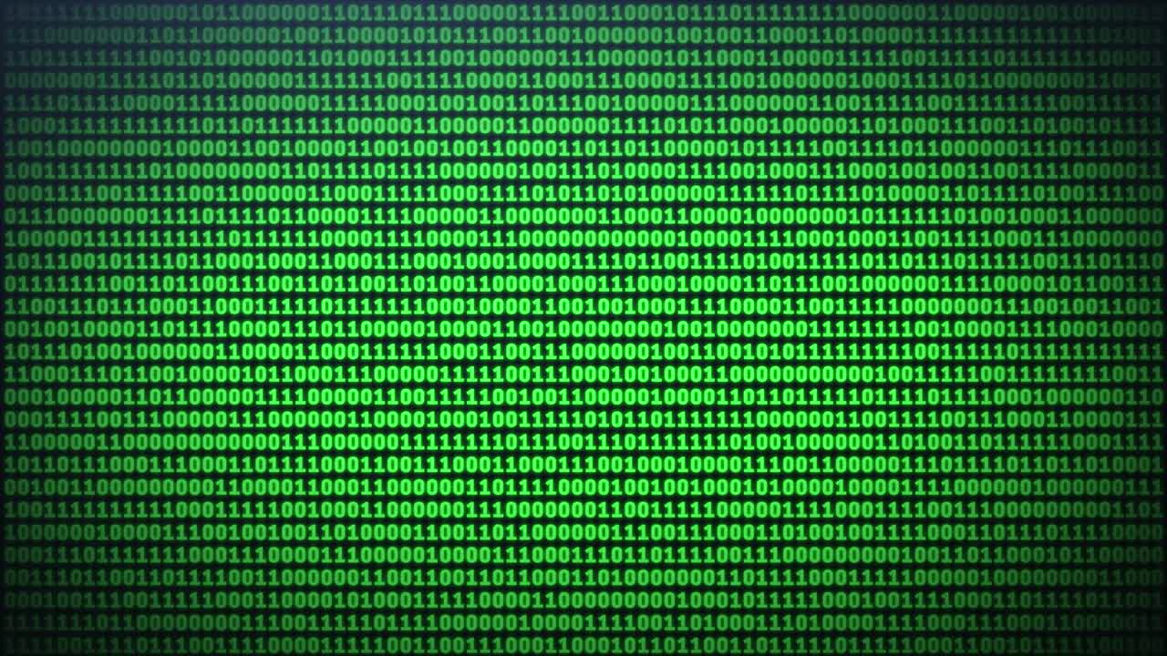 Green binary code on computer screen background. Digits listing table. Frontal view animation. Data technologic concept