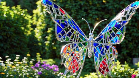 stained glass butterfly sculpture in a garden