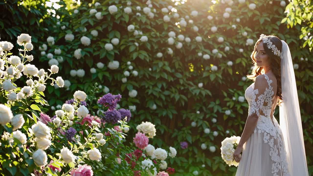 En brud i en blondekjole står i en solbeskinnet have, omgivet af blomstrende blomster.