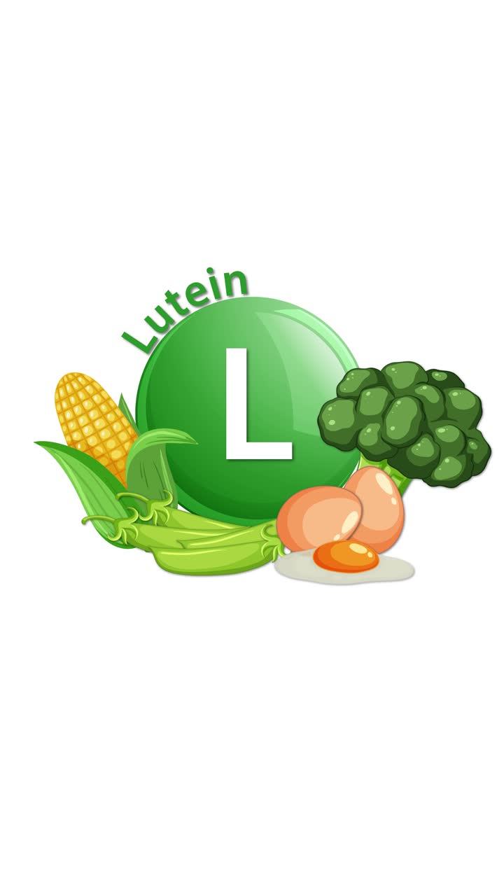Appare un'icona verde di un integratore di luteina, seguita da mais, broccoli e uova che si assemblano attorno ad essa. Animazione verticale, pulita e luminosa con transizioni fluide