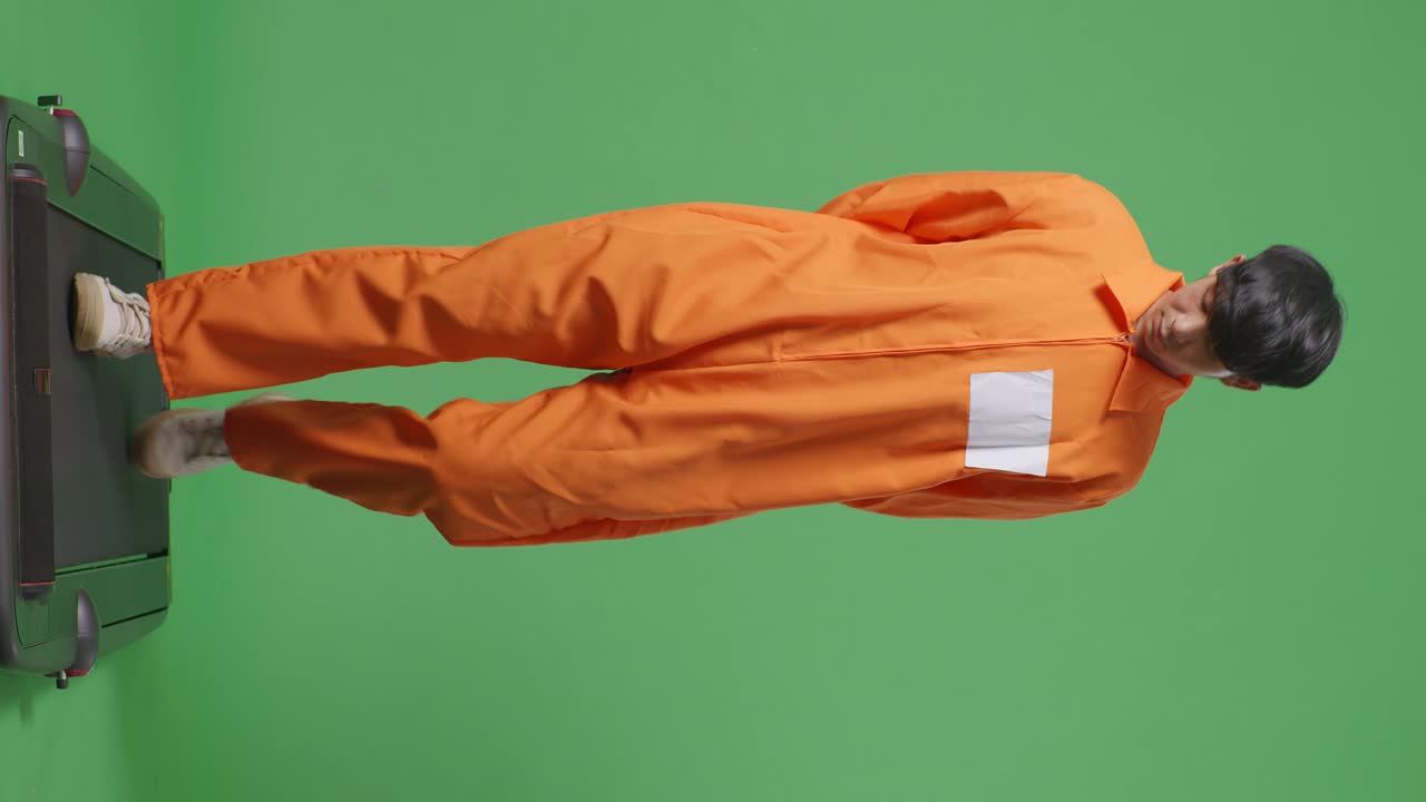 녹색 화면 배경에서 걸어가는 수갑에 인 아시아 남성 죄수의 몸이 가득 차 있습니다.