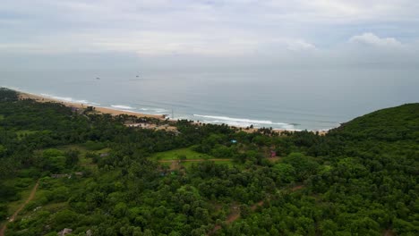 breathtaking aerial drone shot of vizag’s rich green forests in the mountains, blending seamlessly with the sparkling ocean.