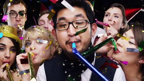 multi-ethnic group of people celebrating birthday party slow motion photo booth