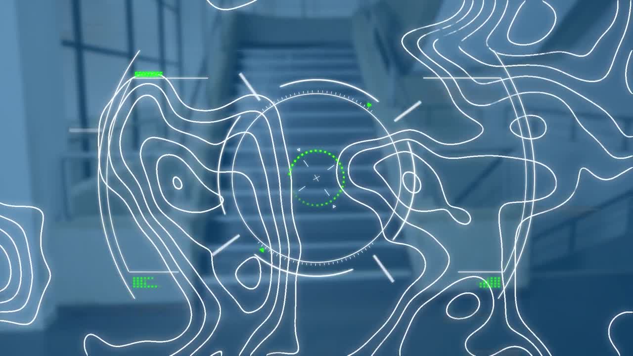 Animation of diverse data processing and isohypses over blue background