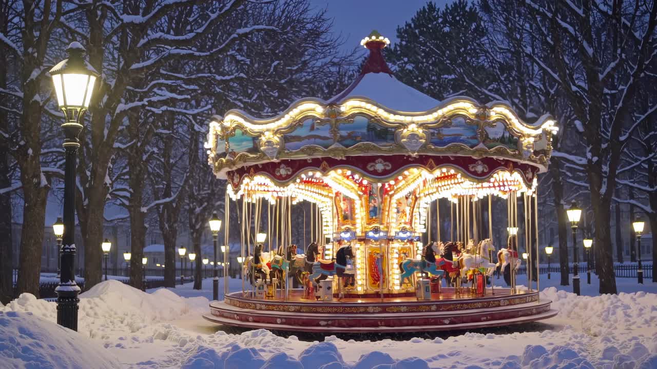 Evening video scene of a vintage carousel in a snowy park, captured at eye level