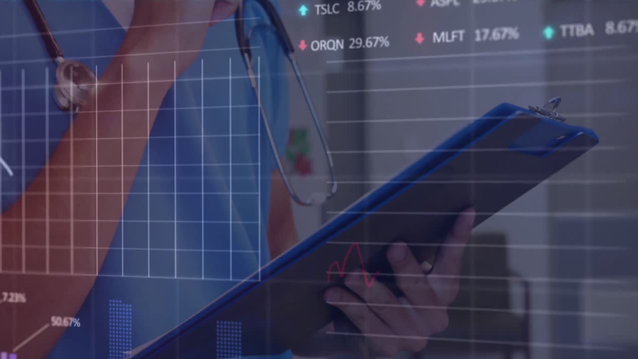 animación de gráfico y tablero de negociación sobre la sección media de la doctora caucásica escribiendo en el clipboard.