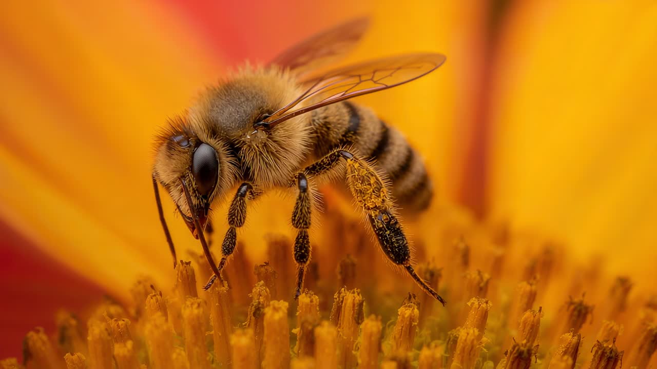 Honigbiene landet und untersucht die zentralen Scheibenblüten auf einer gelb-orangenen Korbblüte, um Pollen zu sammeln