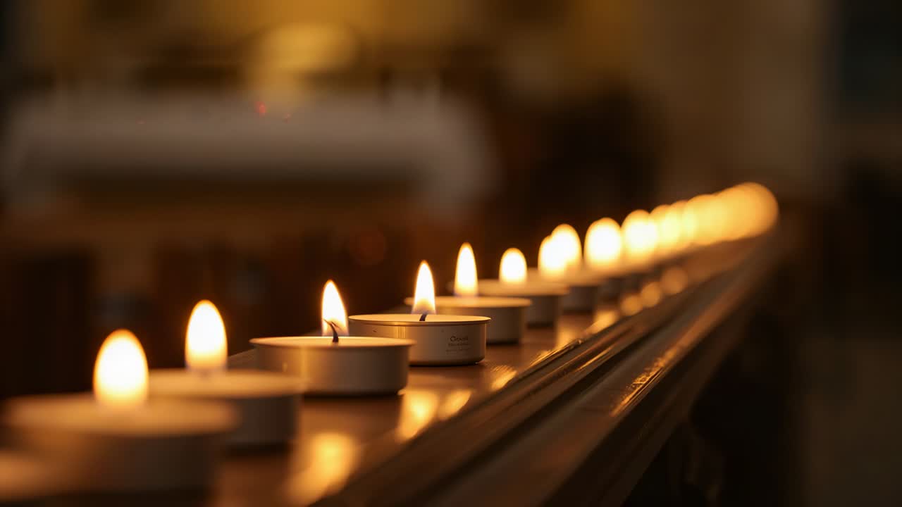 Candele da tè disposte in fila e tremolanti a causa della leggera corrente d'aria su una ringhiera di legno, per la preghiera
