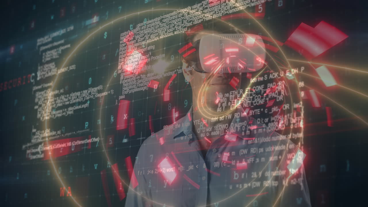 hombre usando auriculares vr sobre túnel brillante contra el procesamiento de datos