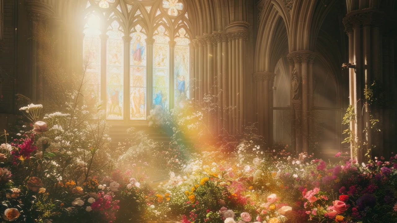 Luz Solar Atravessando Vitral em Catedral Gótica Repleta de Flores