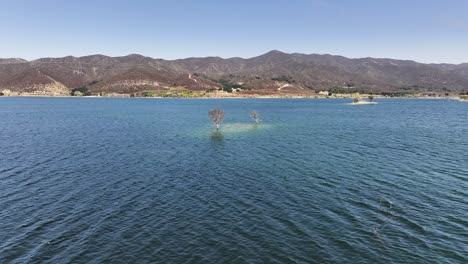 dead tree in the water of bouquet reservoir on a moody cloudy hazy day in southern california telephoto shot with a mountain background aerial dolly pan 60fps