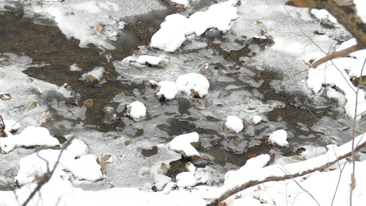 Zeitlupenaufnahme von eiskaltem, fließendem Flusswasser, das durch Eis in der Niagara-Schichtstufe, Kanada, strömt.