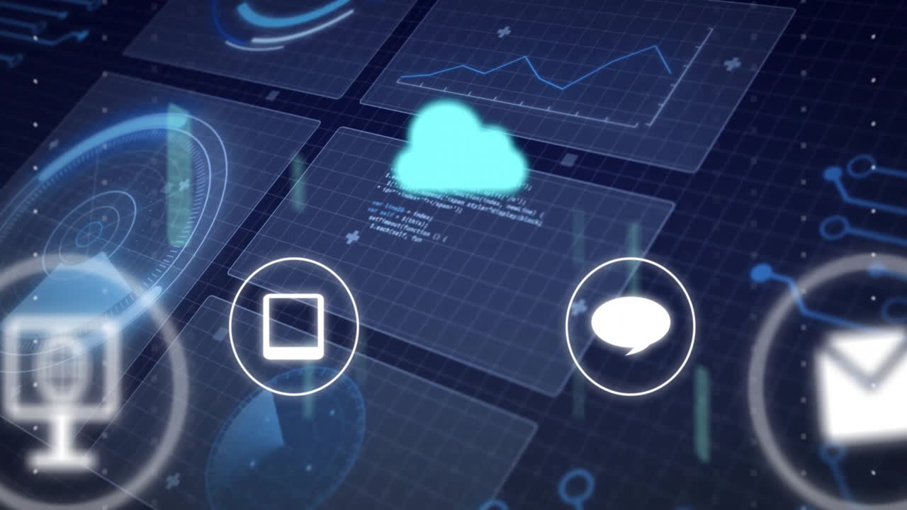 Digital cloud and device icons over data analytics and network connections animation