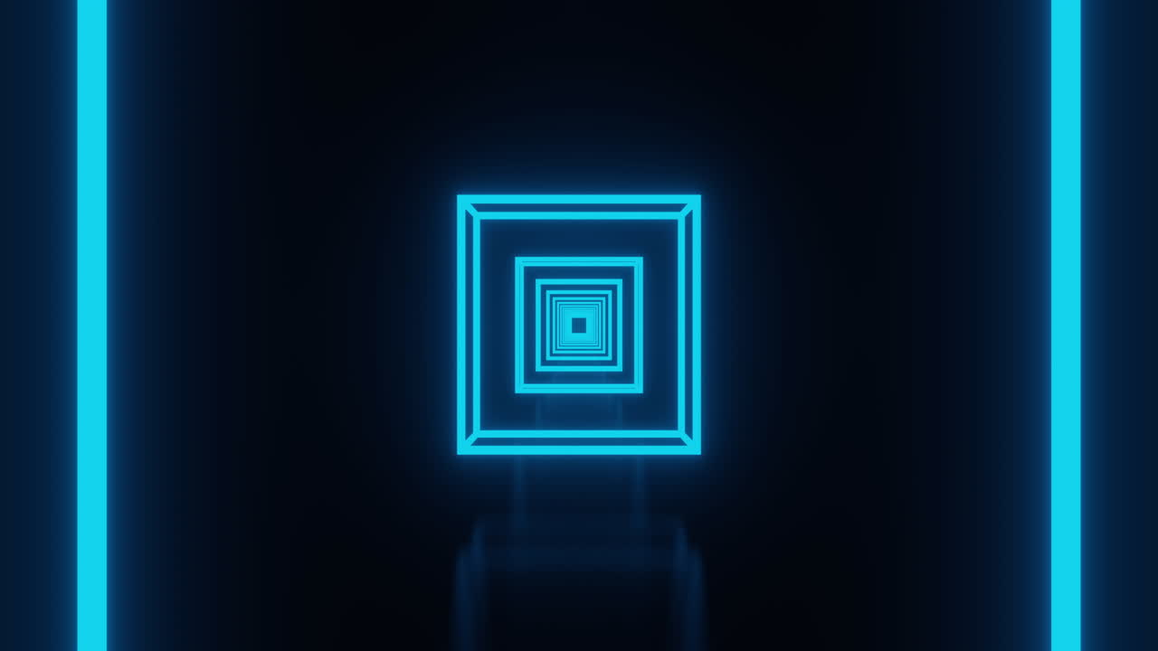 검은색 배경에 끊임없는 루프로 움직이는 반 ⁇ 이는 네온 파란색 사각형의 애니메이션